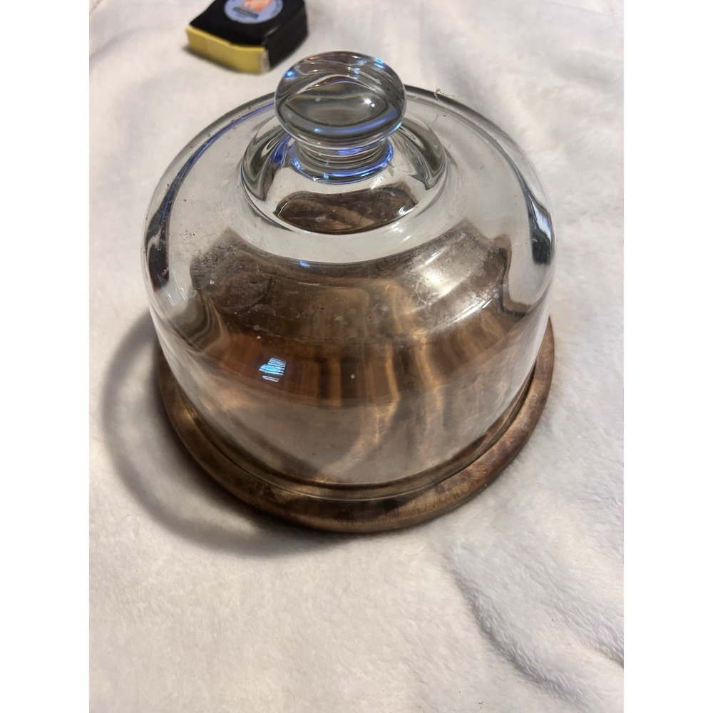 Vintage Round 7.5" Wood Cheese Server Glass Dome Lid